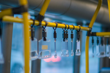 interior of modern city bus with information screen. Passenger h