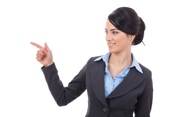 young business woman looking and pointing