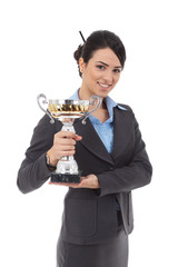 young business woman winning a trophy