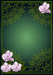pink flowers in green decorated frame
