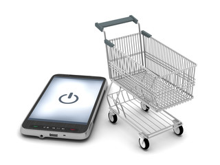 Cell phone and shopping cart on white background