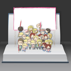 Friends writing on a giant banner inside a pop-up book.