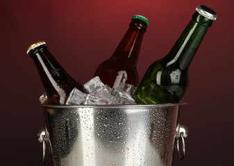 Beer bottles in ice bucket on darck red background