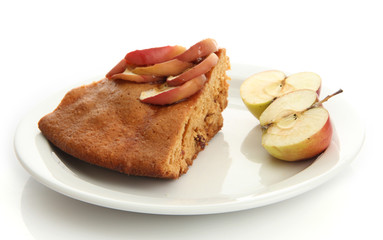 slice of tasty homemade pie with apples, isplated on white