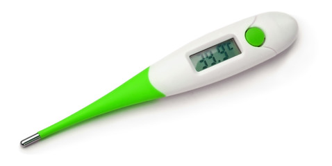 Green Thermometer displaying 39,9° grades C (Celsius). - 48757747