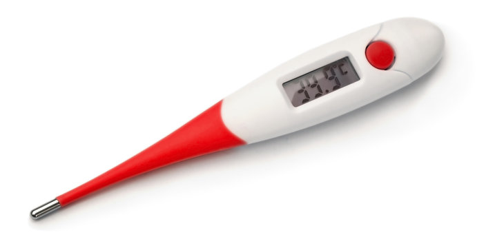 Red thermometer displaying 39,9° grades C (Celsius).