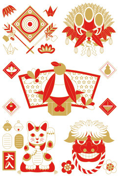 年賀状用イラストカット素材集（破魔矢・門松・鏡餅・招き猫・獅子）赤茶