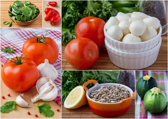 Collage of fresh vegetables and cheese