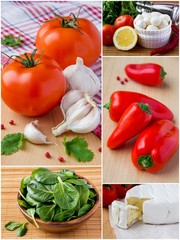 Collage of fresh vegetables and cheese