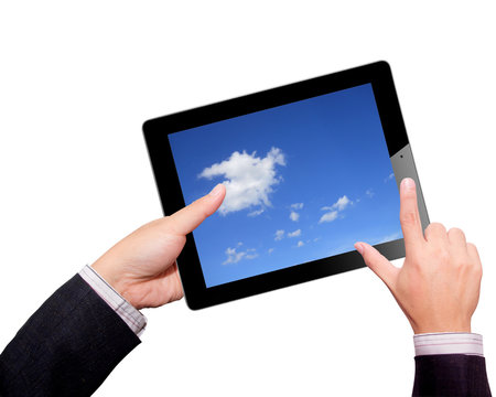 Businessman hands are holding the contemporary digital tablet wi