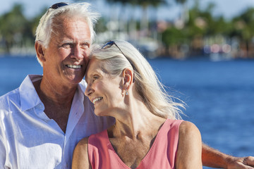 Happy Senior Couple Walking Tropical Sea or River
