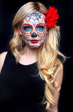 Beautiful Blonde Woman With Painted Sugar Skull Art