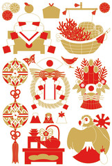 年賀状用イラストカット素材集（鏡餅・宝船・鞠・注連飾り・門松・お屠蘇・一富士二鷹三茄子）赤茶