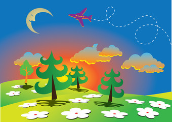 Spring cartoon landscape with moon
