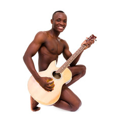 Smiling naked man with guitar sitting