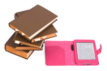 A stack of books and e-book