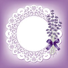 Vintage Lace Doily, Lavender flower bouquet, ribbon, copy space