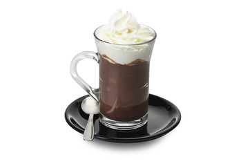 Hot chocolate close up on the white