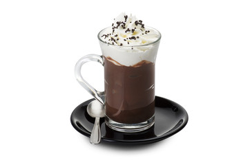 Hot chocolate close up on the white
