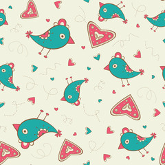Seamless pattern with birds and hearts