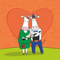 Card with cows family in love