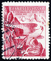 Postage stamp Czechoslovakia 1938 Peregrine Falcon, Sokol Emblem