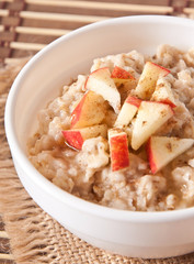 Oatmeal with apples and cinnamon in a white bowl 