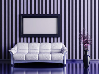 interior with sofa and plant on a background of striped wall
