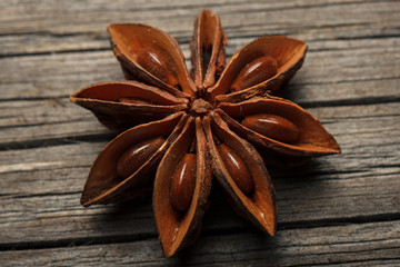 Close-up of anise star on wooden texture.