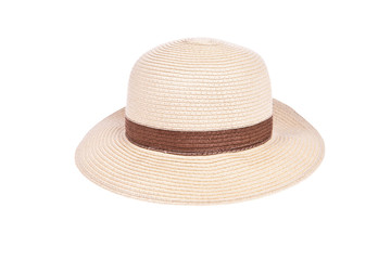 Brown straw hat with ribbon isolated on white background