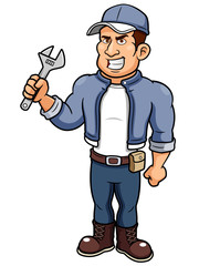 illustration of Cartoon mechanic holding a wrench