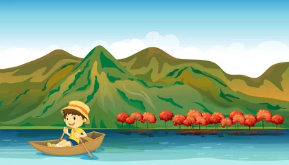 Cercles muraux Rivière, lac Une rivière et un garçon souriant dans un bateau