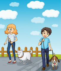 A smiling girl and a boy having dog
