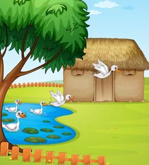 Peel and stick wall murals River, lake Ducks, a house and a beautiful landscape