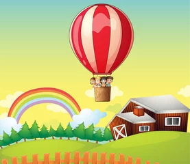 Papier Peint photo Lavable Ferme Enfants dans une montgolfière et une maison