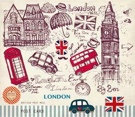 Abwaschbare Fototapete Doodle Vektor handgezeichnete Karte mit Londoner Symbolen