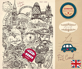 Vector hand drawn card with London symbols