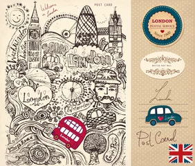 Afwasbaar Fotobehang Doodle Vector hand getekende kaart met Londen symbolen