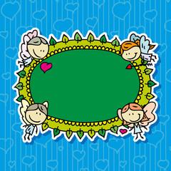 Cute doodle card frame with angels with love valentine hearts