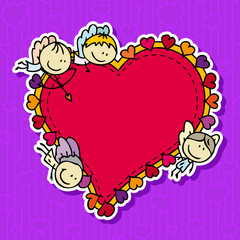 Cute doodle card frame with angels with love valentine hearts