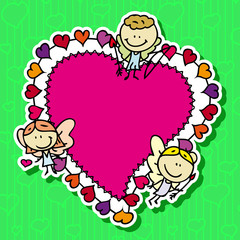 Cute doodle card frame with angels with love valentine hearts