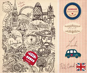 Papier Peint photo autocollant Doodle Carte dessinée à la main de vecteur avec des symboles de Londres