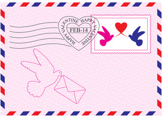 Envelope for Valentine Day with stamp, heart and bird symbols