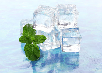 Ice with mint on light background