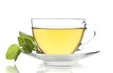 Cup of tea with mint isolated on white