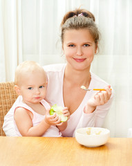 Obraz na płótnie Canvas young mother feeding her baby with a spoon
