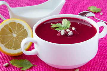 Beetroot cream soup with sunflower seeds and lemon