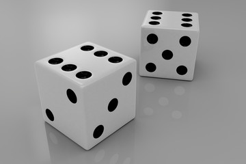 Two white plastic bouncing dices