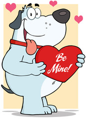 Gray Fat Dog Holding Up A Red Heart With Text