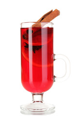 Fragrant mulled wine in glass isolated on white